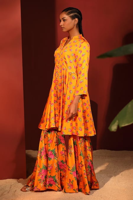 Shetab Kazmi Orange Modal, Satin Mandarin Collar Floral Digital Print Peplum Top Gharara Set Online at Aza Fashions Shetab Kazmi_Orange Modal, Satin Mandarin Collar Floral Digital Print Peplum Top Gharara Set _Online_at_Aza_Fashions