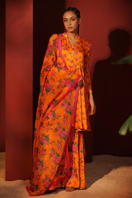 Shop Shetab Kazmi Orange Modal, Satin Mandarin Collar Floral Digital Print Peplum Top Gharara Set Online at Aza Fashions Shop_Shetab Kazmi_Orange Modal, Satin Mandarin Collar Floral Digital Print Peplum Top Gharara Set _Online_at_Aza_Fashions