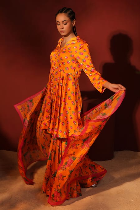 Shetab Kazmi Orange Modal, Satin Mandarin Collar Floral Digital Print Peplum Top Gharara Set at Aza Fashions Shetab Kazmi_Orange Modal, Satin Mandarin Collar Floral Digital Print Peplum Top Gharara Set _at_Aza_Fashions