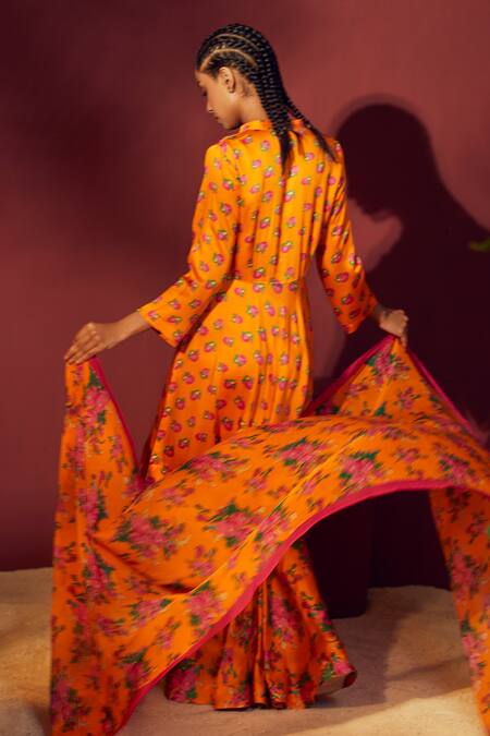 Buy Shetab Kazmi Orange Modal, Satin Mandarin Collar Floral Digital Print Peplum Top Gharara Set Buy_Shetab Kazmi_Orange Modal, Satin Mandarin Collar Floral Digital Print Peplum Top Gharara Set