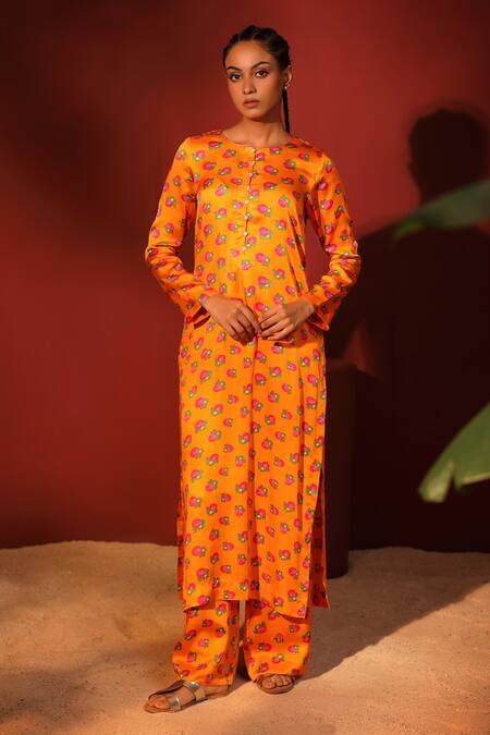 Shop Shetab Kazmi Orange Modal, Satin Round Neck Floral Digital Print Kurta Palazzo Set Online at Aza Fashions Shop_Shetab Kazmi_Orange Modal, Satin Round Neck Floral Digital Print Kurta Palazzo Set _Online_at_Aza_Fashions