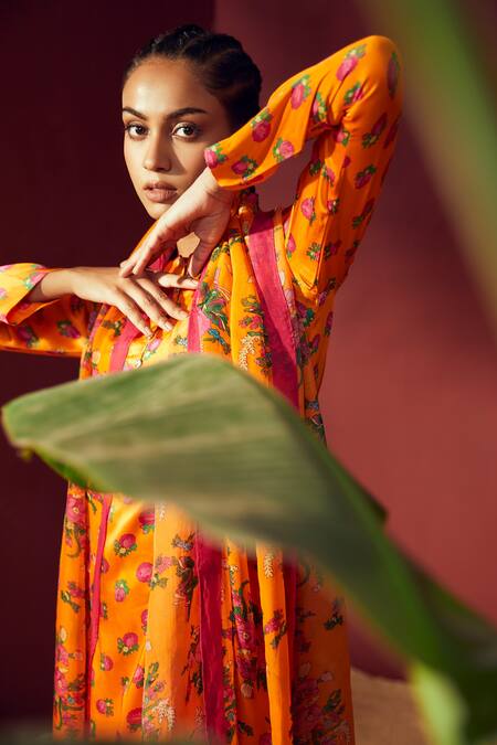 Shetab Kazmi Orange Modal, Satin Round Neck Floral Digital Print Kurta Palazzo Set at Aza Fashions Shetab Kazmi_Orange Modal, Satin Round Neck Floral Digital Print Kurta Palazzo Set _at_Aza_Fashions