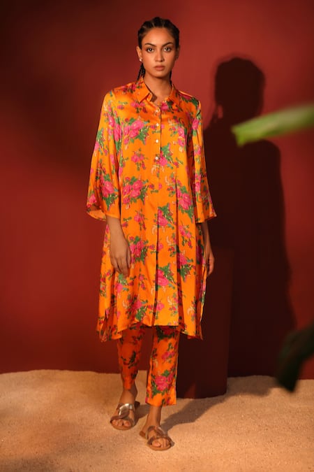 Shop_Shetab Kazmi_Orange Modal, Satin Collared Floral Digital Print Shirt And Pant Set _Online_at_Aza_Fashions