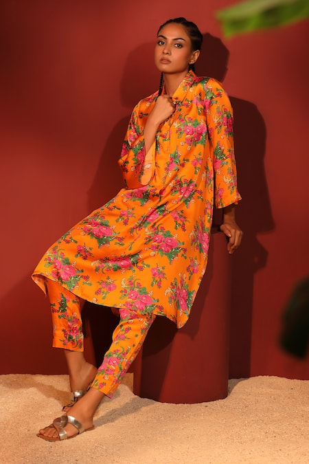 Buy_Shetab Kazmi_Orange Modal, Satin Collared Floral Digital Print Shirt And Pant Set _Online_at_Aza_Fashions