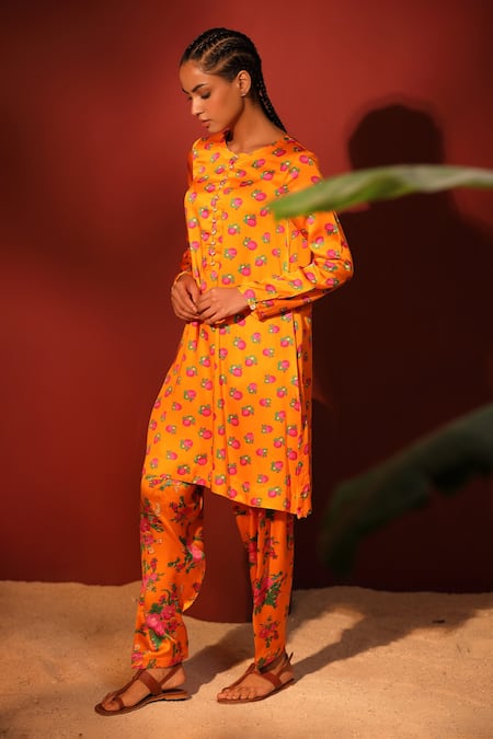 Shetab Kazmi_Orange Modal, Satin Round Neck Floral Digital Print Kurta Salwar Set _Online_at_Aza_Fashions
