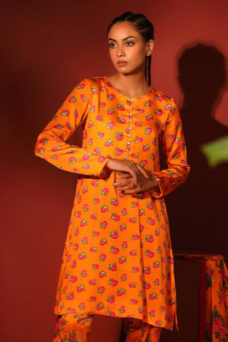 Shetab Kazmi_Orange Modal, Satin Round Neck Floral Digital Print Kurta Salwar Set _at_Aza_Fashions