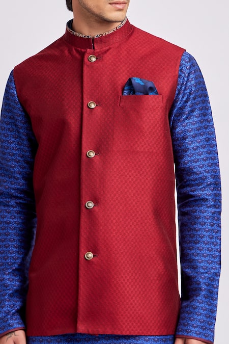 Bubber Couture Maroon Silk, Jacquard Embroidery Diamond Woven Bundi Online at Aza Fashions Bubber Couture_Maroon Silk, Jacquard Embroidery Diamond Woven Bundi _Online_at_Aza_Fashions