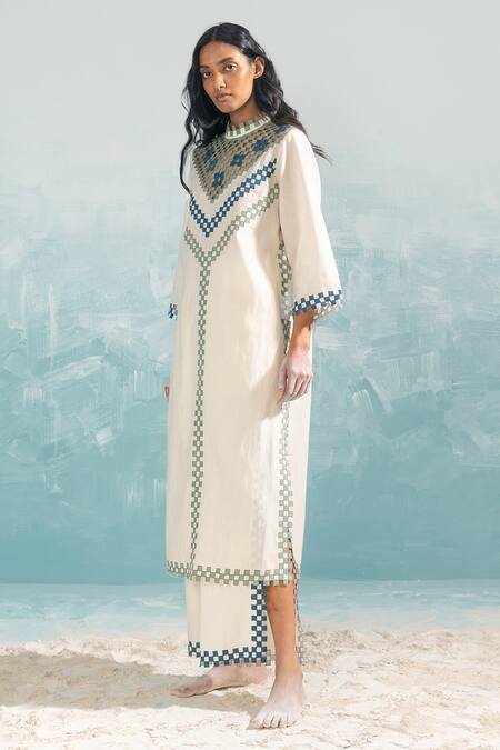 Buy_Ikai By Ragini Ahuja_Ivory 100% Cotton Embroidery Applique And Cutwork Nile Slit Pant  _Online_at_Aza_Fashions