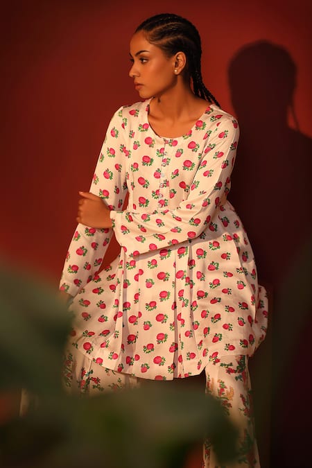 Shop_Shetab Kazmi_White Modal, Satin Round Neck Floral Digital Print Peplum Top And Gharara Set _Online_at_Aza_Fashions