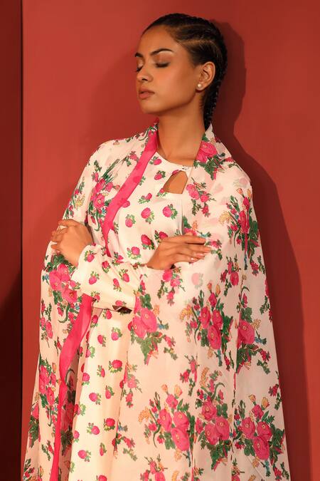 Buy_Shetab Kazmi_White Modal, Satin Round Neck Floral Print Kurta Palazzo Set _Online_at_Aza_Fashions