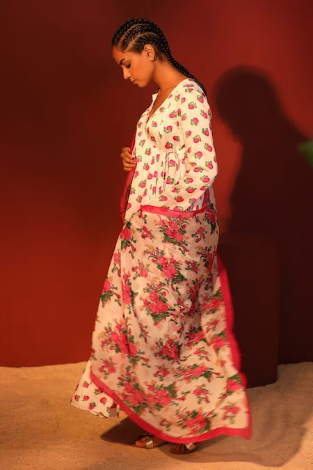 Buy_Shetab Kazmi_White Modal, Satin V-neck Floral Digital Print Angrakha Kurta Pant Set _Online_at_Aza_Fashions