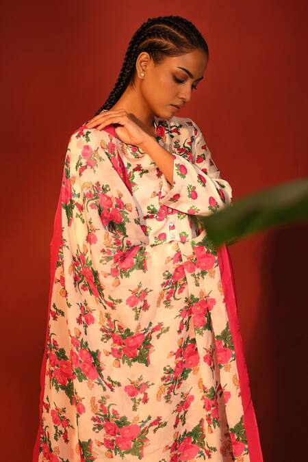 Shetab Kazmi_White Modal, Satin Mandarin Collar Floral Digital Print Kurta Pant Set _at_Aza_Fashions