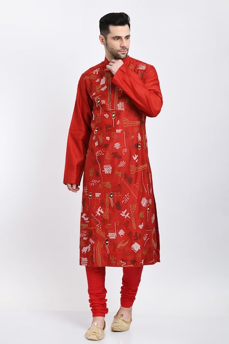 Samant Chauhan_Red Suede Embroidery Thread Kurta Set _at_Aza_Fashions