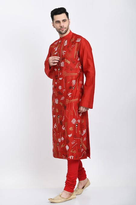 Shop_Samant Chauhan_Red Suede Embroidery Thread Kurta Set _Online_at_Aza_Fashions