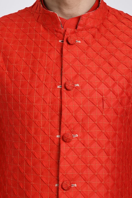 Shop Samant Chauhan Red Suede Embroidery Stitchline Geometric Bundi Set Online at Aza Fashions Shop_Samant Chauhan_Red Suede Embroidery Stitchline Geometric Bundi Set _Online_at_Aza_Fashions