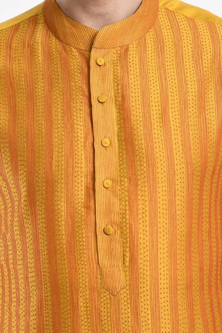 Samant Chauhan_Yellow Cotton, Silk Embroidery Stripe Kurta Set _at_Aza_Fashions