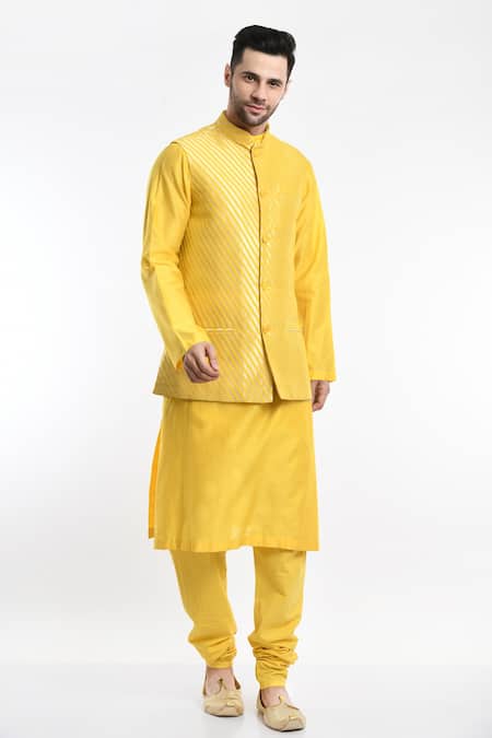 Samant Chauhan Yellow Vegan Leather Diagonal Line Pattern Bundi And Kurta Set at Aza Fashions Samant Chauhan_Yellow Vegan Leather Diagonal Line Pattern Bundi And Kurta Set _at_Aza_Fashions
