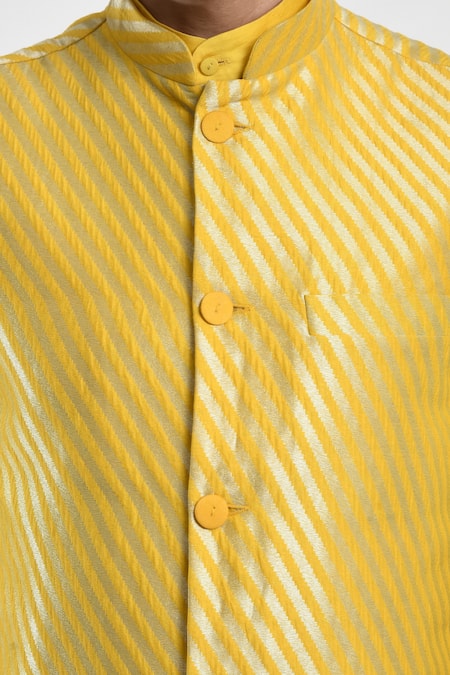 Shop Samant Chauhan Yellow Vegan Leather Diagonal Line Pattern Bundi And Kurta Set Online at Aza Fashions Shop_Samant Chauhan_Yellow Vegan Leather Diagonal Line Pattern Bundi And Kurta Set _Online_at_Aza_Fashions