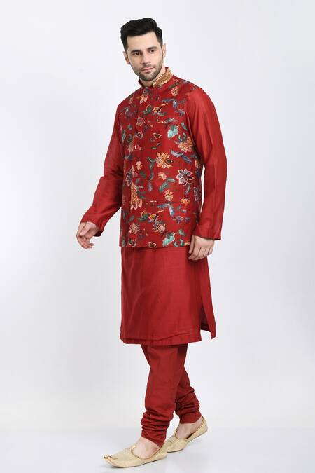 Shop_Samant Chauhan_Red Cotton, Silk Embroidery Floral Printed Quilted Bundi And Kurta Set _Online_at_Aza_Fashions