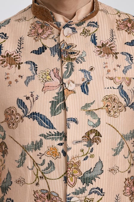 Buy_Samant Chauhan_Peach Cotton, Silk Embroidery Garden Print Bundi And Kurta Set _Online_at_Aza_Fashions