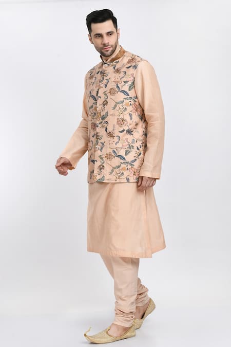 Shop_Samant Chauhan_Peach Cotton, Silk Embroidery Garden Print Bundi And Kurta Set _Online_at_Aza_Fashions