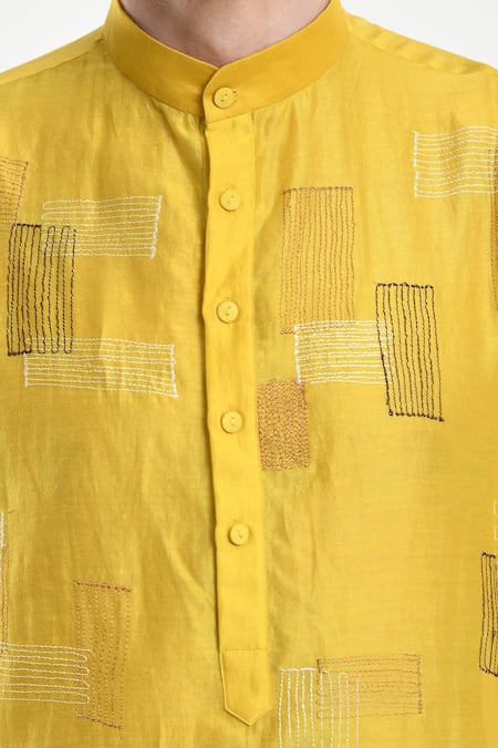 Shop_Samant Chauhan_Yellow Cotton, Silk Embroidery Geometric Kurta Set _Online_at_Aza_Fashions