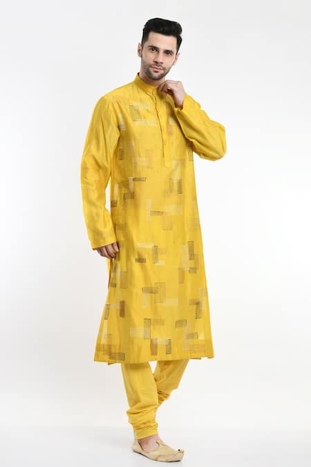 Samant Chauhan_Yellow Cotton, Silk Embroidery Geometric Kurta Set _at_Aza_Fashions