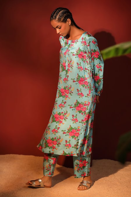 Shetab Kazmi_Blue Modal, Satin Round Neck Floral Print Kurta Pant Set _Online_at_Aza_Fashions