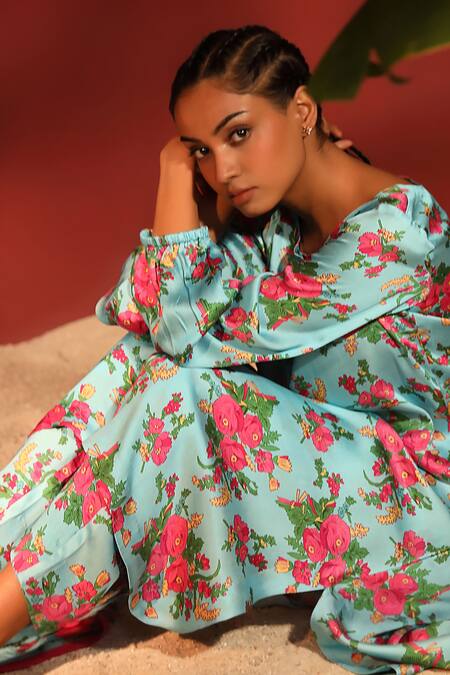 Shop_Shetab Kazmi_Blue Modal, Satin Round Neck Floral Print Kurta Pant Set _Online_at_Aza_Fashions