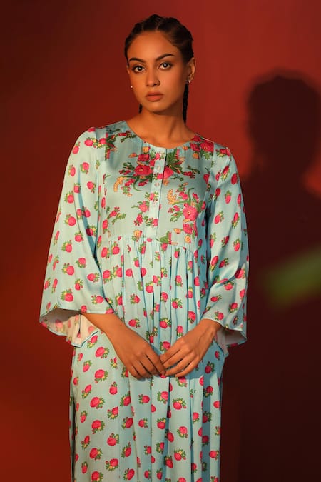 Shetab Kazmi_Blue Modal, Satin Round Neck Digital Print Tunic And Pant Set _Online_at_Aza_Fashions