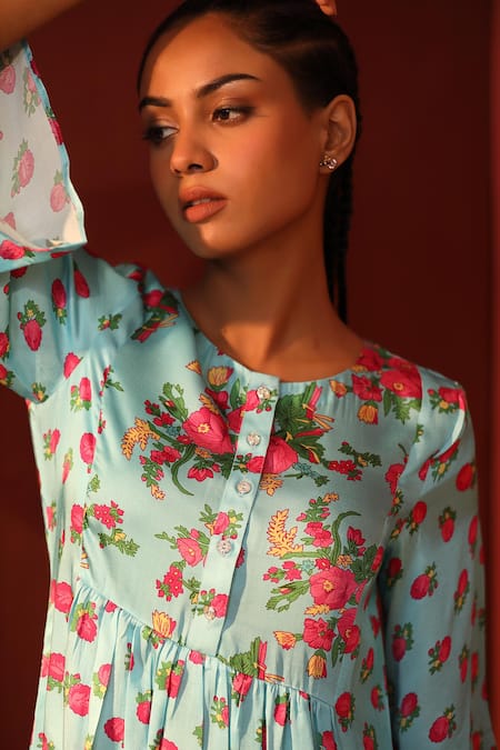 Shop_Shetab Kazmi_Blue Modal, Satin Round Neck Digital Print Tunic And Pant Set _Online_at_Aza_Fashions