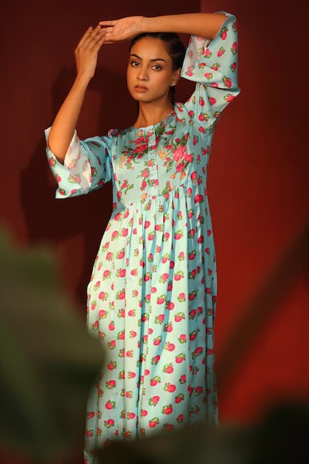 Shetab Kazmi_Blue Modal, Satin Round Neck Digital Print Tunic And Pant Set _at_Aza_Fashions