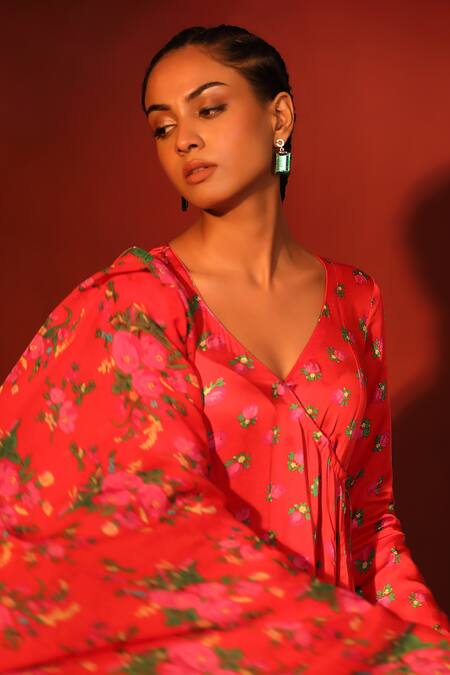 Buy_Shetab Kazmi_Red Modal, Satin V-neck Digital Print Angrakha Kurta Pant Set _Online_at_Aza_Fashions