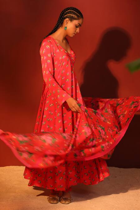 Shop_Shetab Kazmi_Red Modal, Satin V-neck Digital Print Angrakha Kurta Pant Set _Online_at_Aza_Fashions