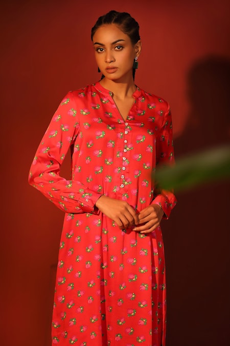 Shop_Shetab Kazmi_Red Modal, Satin Mandarin Collar Digital Print Kurta Pant Set _Online_at_Aza_Fashions