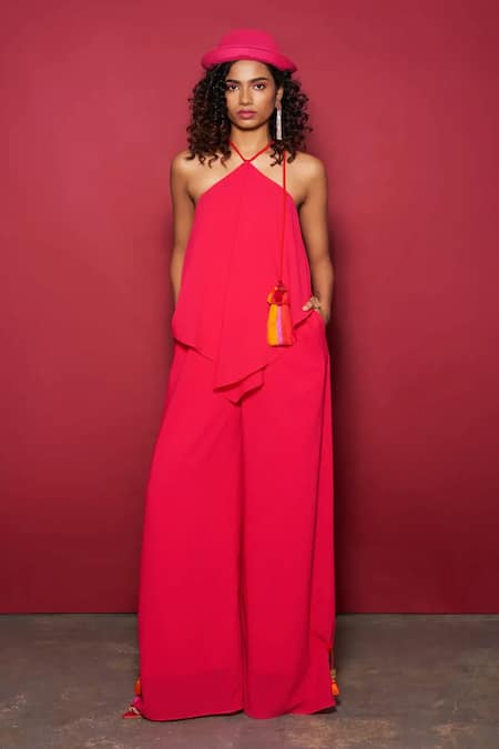 Style Junkiie_Fuchsia Modal Tassels Halter Neck Flared Jumpsuit _Online_at_Aza_Fashions