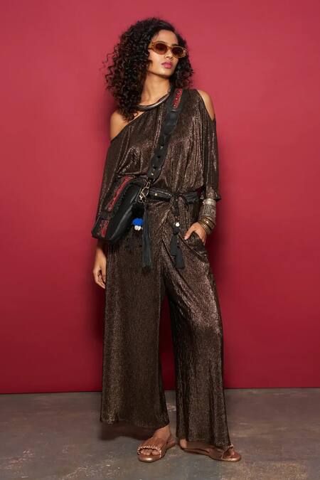 Style Junkiie Brown Crepe One Shoulder Metallic Jumpsuit Online at Aza Fashions Style Junkiie_Brown Crepe One Shoulder Metallic Jumpsuit _Online_at_Aza_Fashions