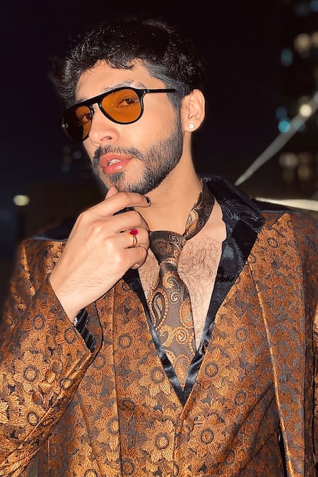 Rohit Gandhi + Rahul Khanna Orange Brocade Embroidery Floral Woven Jacket And Pant Set Online at Aza Fashions Rohit Gandhi + Rahul Khanna_Orange Brocade Embroidery Floral Woven Jacket And Pant Set _Online_at_Aza_Fashions