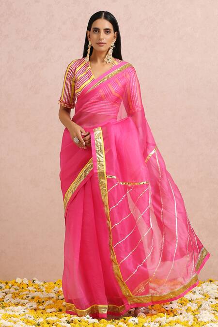 Label Nitika_Fuchsia Blouse Chanderi, Saree Organza Gota And Sequin Work V Embroidered With_Online_at_Aza_Fashions