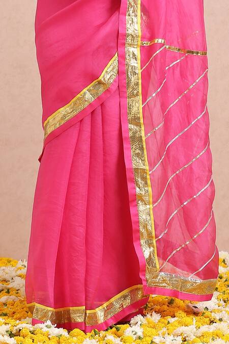 Shop_Label Nitika_Fuchsia Blouse Chanderi, Saree Organza Gota And Sequin Work V Embroidered With_Online_at_Aza_Fashions