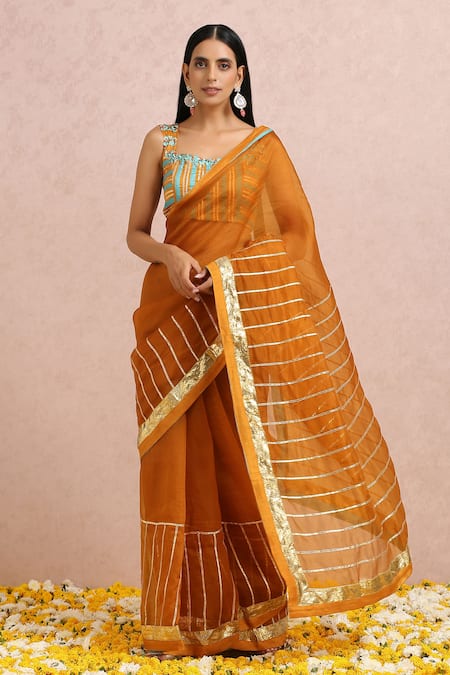 Shop_Label Nitika_Orange Organza Gota, Cut Dana And Sequin Work Square Embroidered Saree With Blouse_Online_at_Aza_Fashions