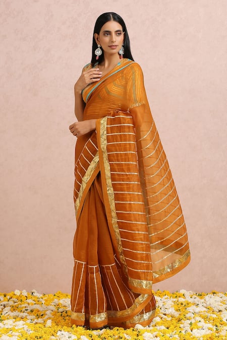 Label Nitika_Orange Organza Gota, Cut Dana And Sequin Work Square Embroidered Saree With Blouse_at_Aza_Fashions
