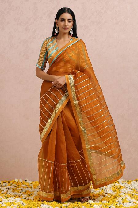Label Nitika_Orange Organza Gota, Cut Dana And Sequin Striped Embroidered Saree With Blouse_Online_at_Aza_Fashions
