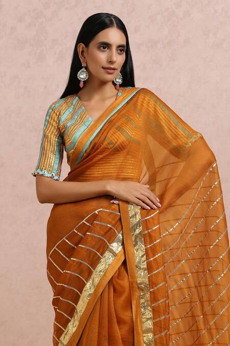 Buy_Label Nitika_Orange Organza Gota, Cut Dana And Sequin Striped Embroidered Saree With Blouse_Online_at_Aza_Fashions