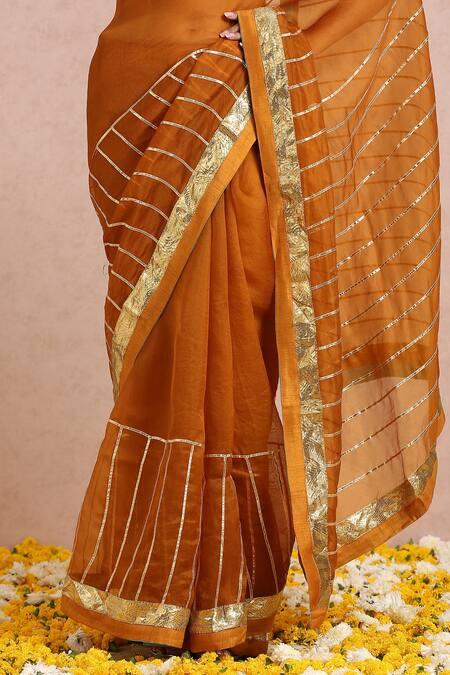 Label Nitika_Orange Organza Gota, Cut Dana And Sequin Striped Embroidered Saree With Blouse_at_Aza_Fashions