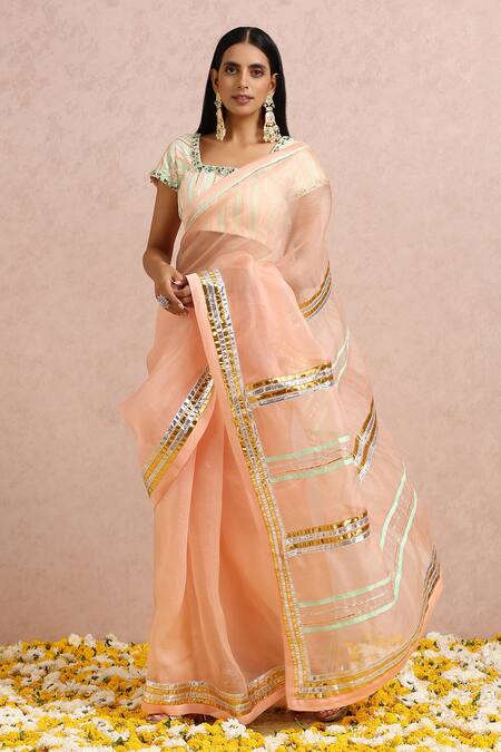 Label Nitika_Peach Organza Gota, Cut Dana And Sequin Work Square Neck Saree With Blouse_Online_at_Aza_Fashions