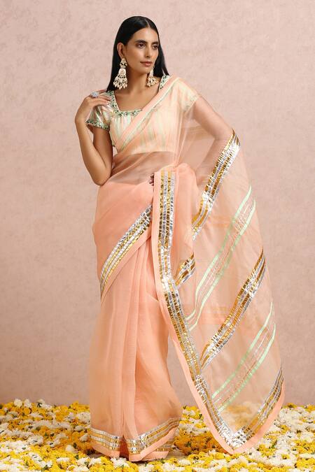Buy_Label Nitika_Peach Organza Gota, Cut Dana And Sequin Work Square Neck Saree With Blouse_Online_at_Aza_Fashions