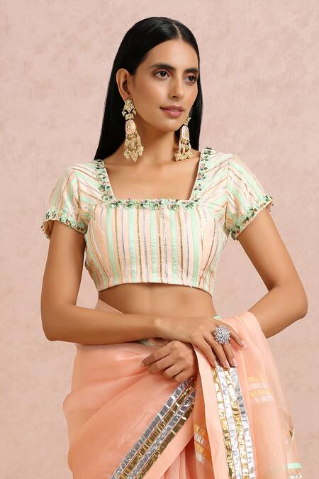 Shop_Label Nitika_Peach Organza Gota, Cut Dana And Sequin Work Square Neck Saree With Blouse_Online_at_Aza_Fashions