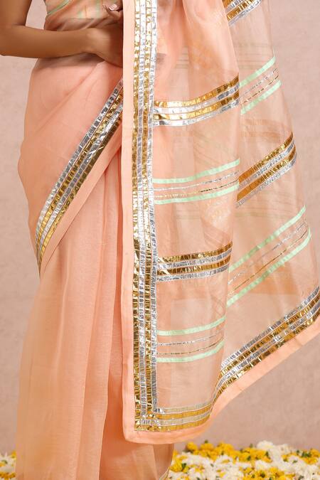 Label Nitika_Peach Organza Gota, Cut Dana And Sequin Work Square Neck Saree With Blouse_at_Aza_Fashions