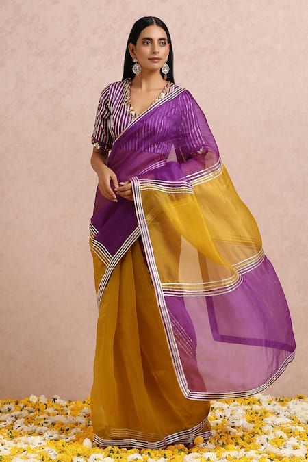 Label Nitika_Yellow Organza Gota, Cut Dana And Sequin Work V Neck Color Block Saree With Blouse _Online_at_Aza_Fashions
